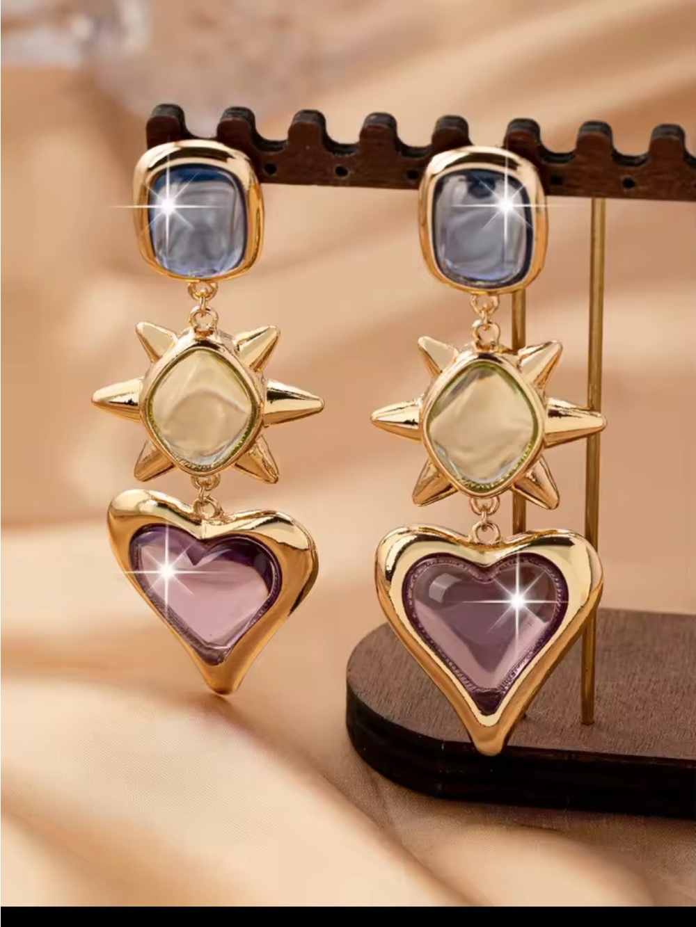 Gold-Tone Dangle Earrings with Purple Hearts, Blue Tops and Cream Suns